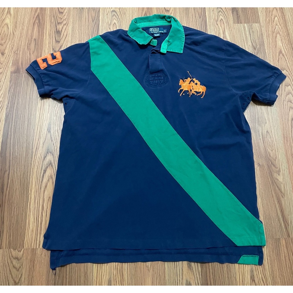 Polo Ralph Lauren Polo Shirt Mens Extra Large Diagonal Sash Multi Pony Navy